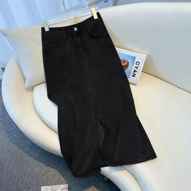 Light Blue Denim A-Line Skirt High Waist Slimming Split Summer 2023 Women'S Faion Long Skirt Casual Sli Trendy