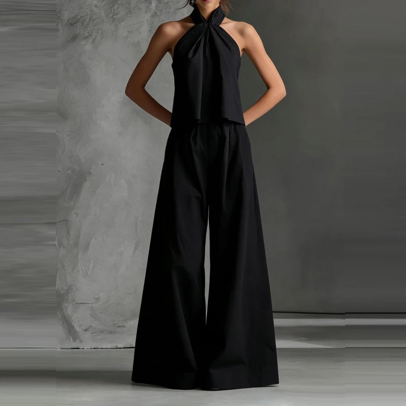 Sexy Halter Tops & Wide Leg Pant Women Suit Fashion Sleeveless Solid Color 2 Piece Sets 2026 Spring Summer Casual Loose Outfits