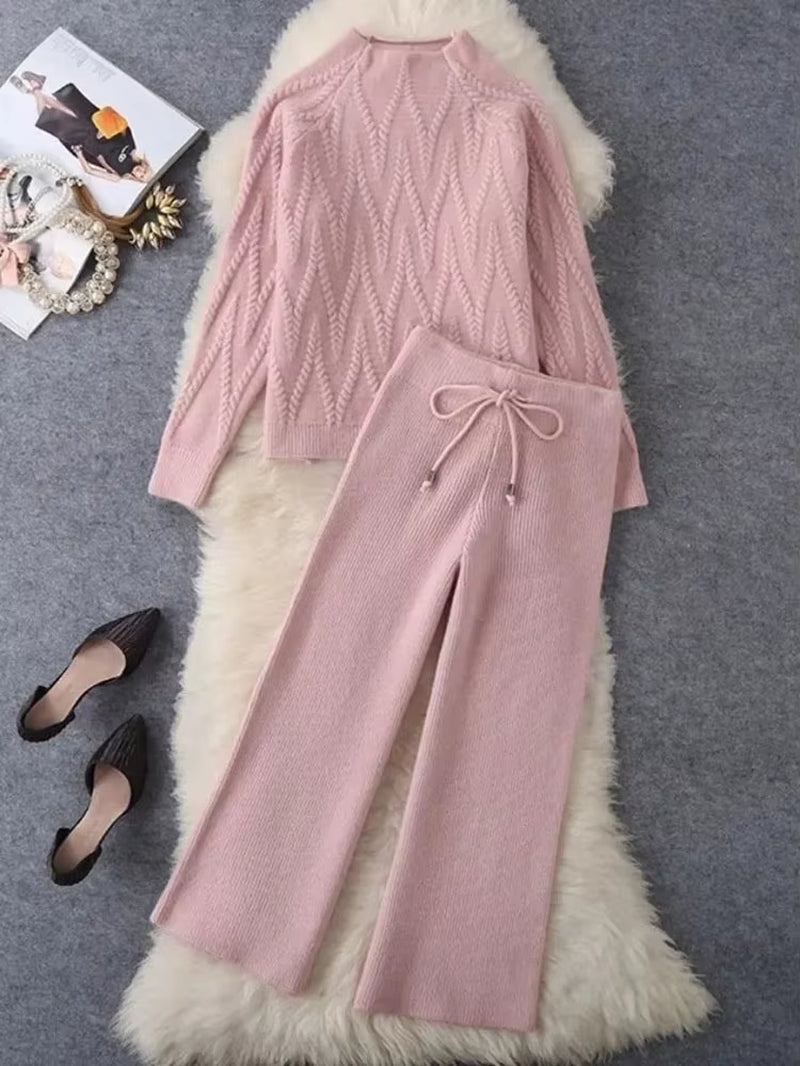 Fall Winter Knitted 2 Piece Sets Half Turtleneck Soft Sweater Outfit Casual Wide Leg Pant Suits Korean Solid Warm Tracksuit New