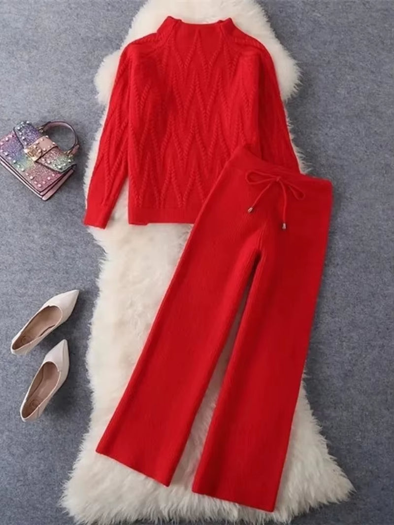Fall Winter Knitted 2 Piece Sets Half Turtleneck Soft Sweater Outfit Casual Wide Leg Pant Suits Korean Solid Warm Tracksuit New