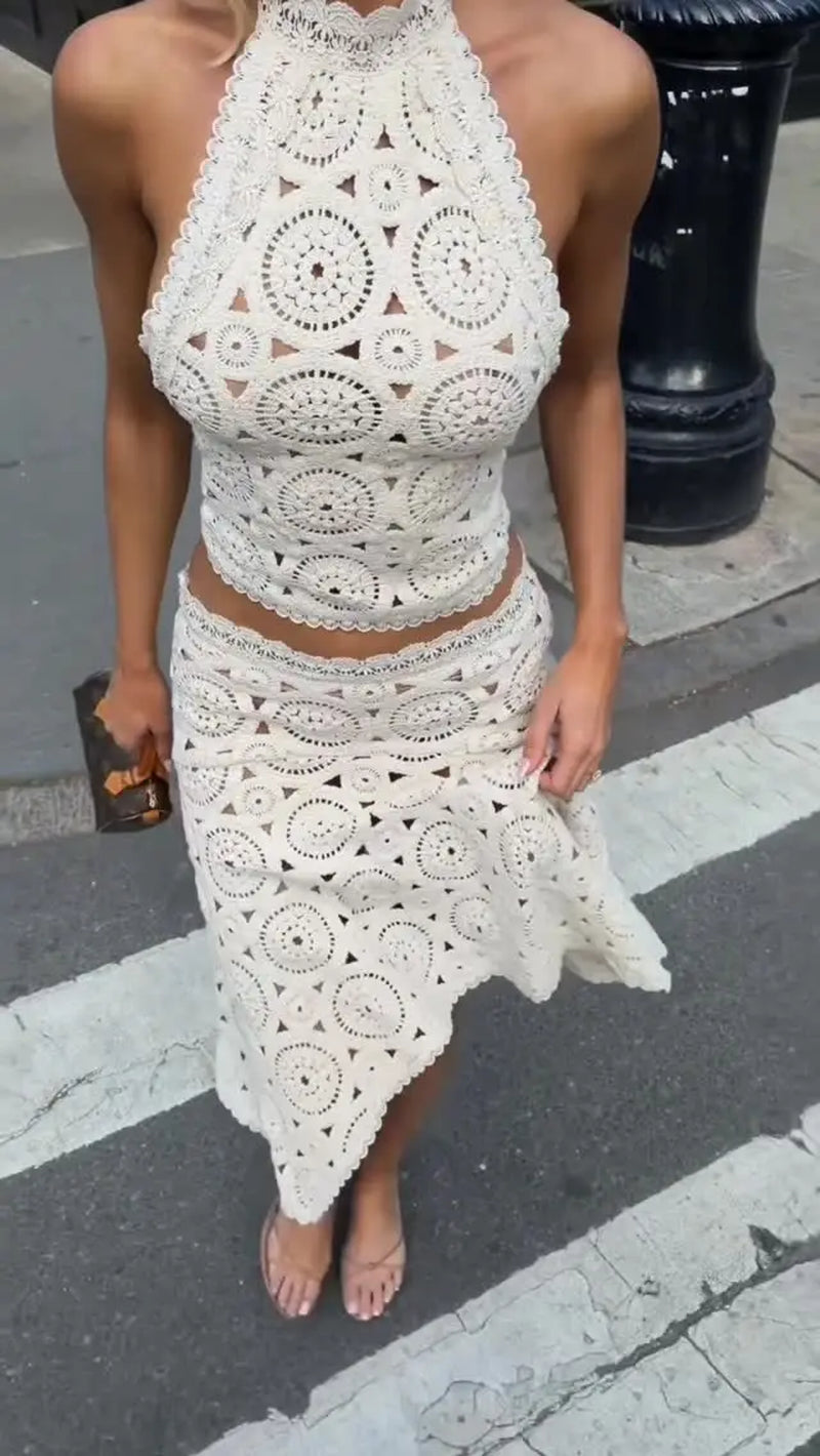 Elegant Hollow Crochet Skirt Set Women Fashion Solid Sleeveless Short Top High Waist Skirt Suit 2026 Sexy Summer Female Outfits