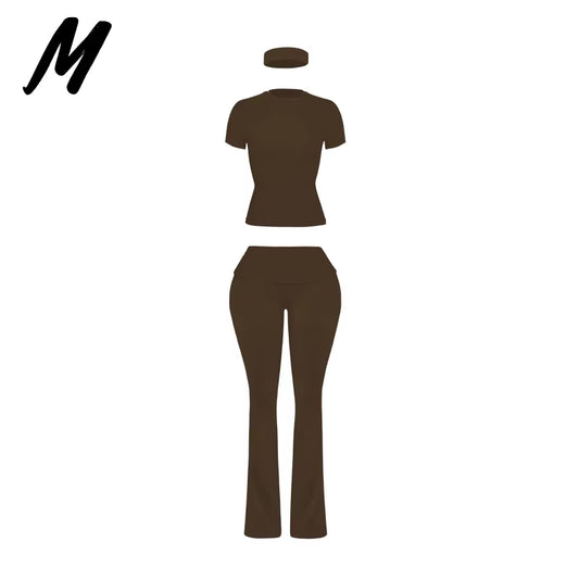 Women'S Custom Logo Short Sleeve T-Shirt Flared Hem Pants Two-Piece Set Regular Fit Sports Casual Spring/Summer Spandex/Cotton