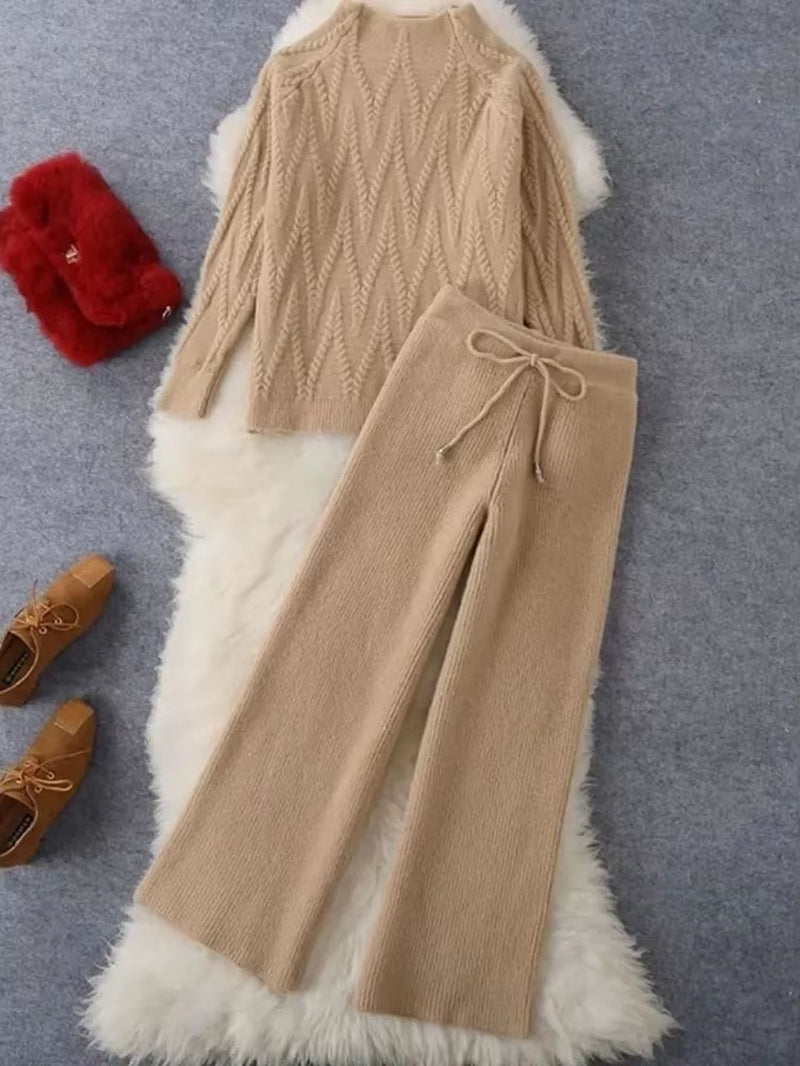 Fall Winter Knitted 2 Piece Sets Half Turtleneck Soft Sweater Outfit Casual Wide Leg Pant Suits Korean Solid Warm Tracksuit New