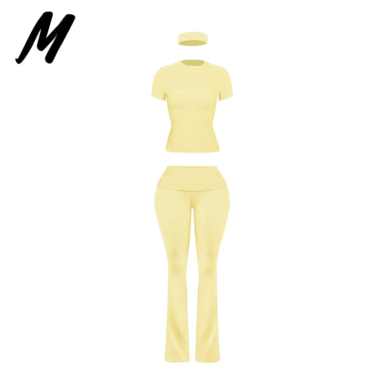 Women'S Custom Logo Short Sleeve T-Shirt Flared Hem Pants Two-Piece Set Regular Fit Sports Casual Spring/Summer Spandex/Cotton