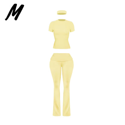 Women'S Custom Logo Short Sleeve T-Shirt Flared Hem Pants Two-Piece Set Regular Fit Sports Casual Spring/Summer Spandex/Cotton