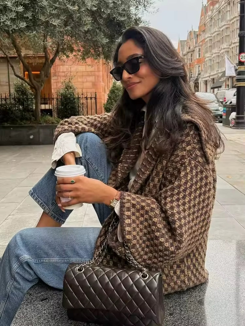 2025 New Autumn Brown Long Sleeve Knitted Cardigans Women Elegant Lapel Single Breasted Loose Sweater Coat Knitwear Korean Style