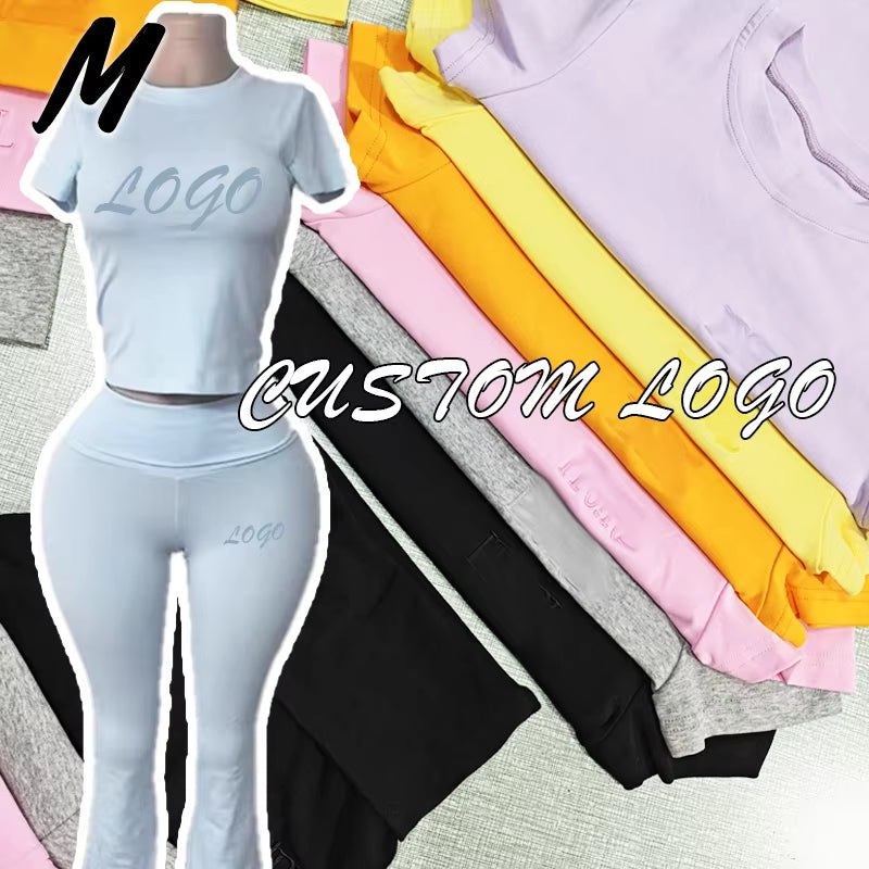 Women'S Custom Logo Short Sleeve T-Shirt Flared Hem Pants Two-Piece Set Regular Fit Sports Casual Spring/Summer Spandex/Cotton