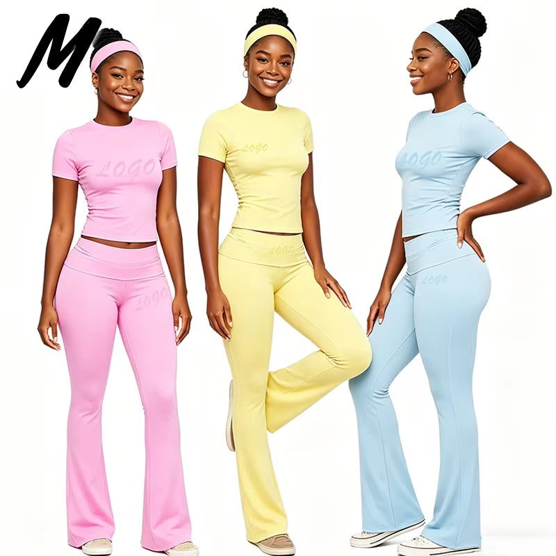 Women'S Custom Logo Short Sleeve T-Shirt Flared Hem Pants Two-Piece Set Regular Fit Sports Casual Spring/Summer Spandex/Cotton