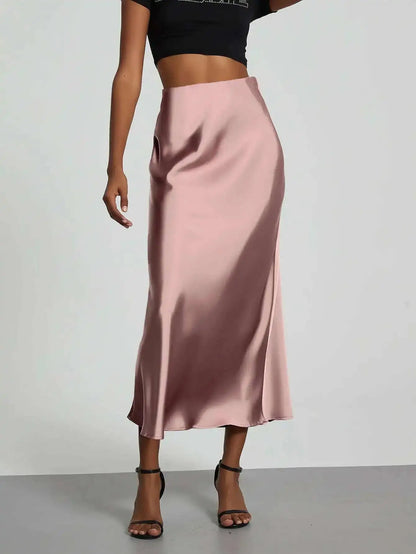 28 Colors New 2026 Women'S Elegant High Waist Satin Long Skirts Female Summer Solid Color Faldas Fashion Women Skirts KBA3