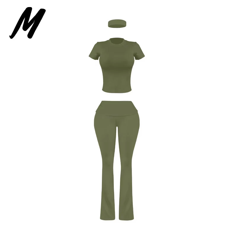 Women'S Custom Logo Short Sleeve T-Shirt Flared Hem Pants Two-Piece Set Regular Fit Sports Casual Spring/Summer Spandex/Cotton