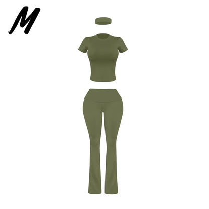 Women'S Custom Logo Short Sleeve T-Shirt Flared Hem Pants Two-Piece Set Regular Fit Sports Casual Spring/Summer Spandex/Cotton