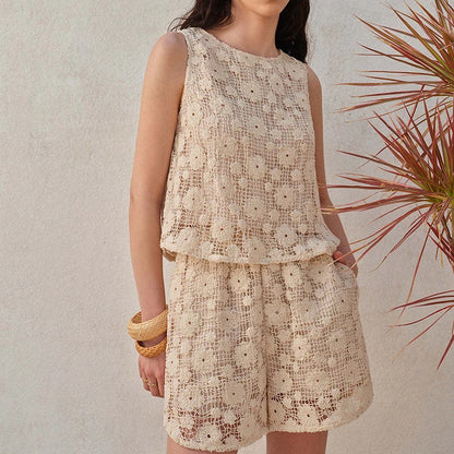 Casual O-Neck Hollow Out Women'S Tracksuits Summer New Solid Crochet Two Piece Set French Style Knitted Jacquard Tops&Shorts Set