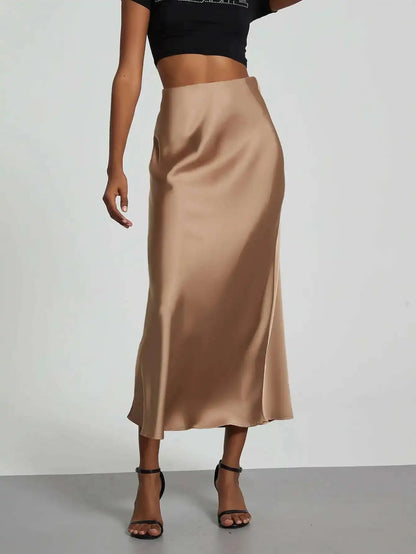 28 Colors New 2026 Women'S Elegant High Waist Satin Long Skirts Female Summer Solid Color Faldas Fashion Women Skirts KBA3
