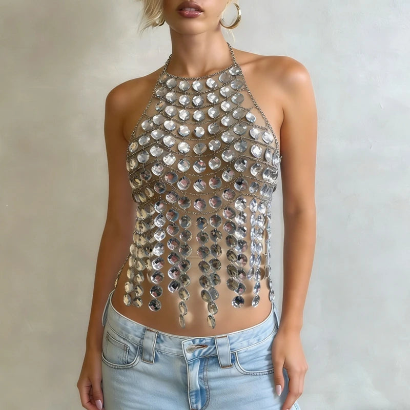 Summer Bikini Cover-Ups for Women Metal Chain Halter Neck Rhinestones Body Chain Y2K Backless Tassel Hem Hollow Vest