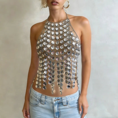 Summer Bikini Cover-Ups for Women Metal Chain Halter Neck Rhinestones Body Chain Y2K Backless Tassel Hem Hollow Vest