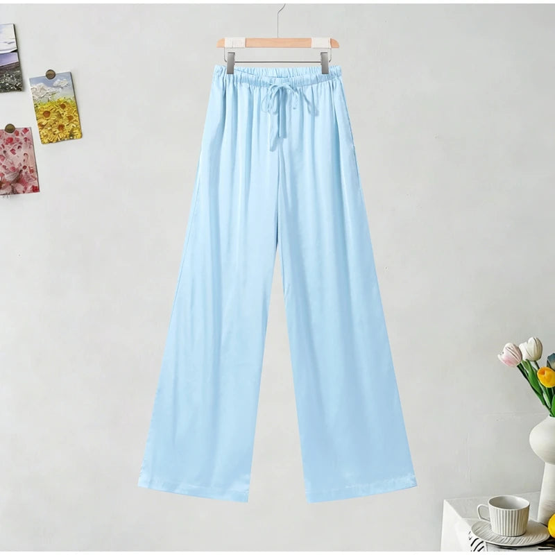 Long Pants Set Lace High Neck Sheer Sleeves Crop Top Satin Elastic Waist Wide Leg Trousers Casual Elegant Fashion Women Outfits