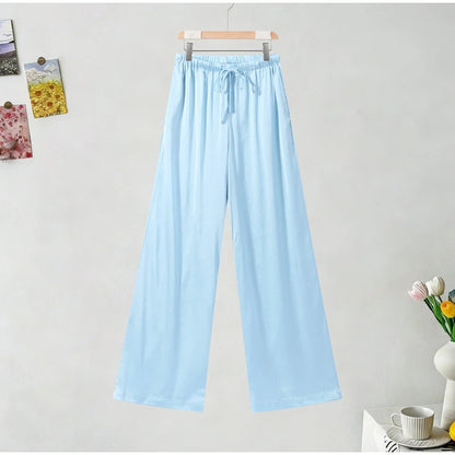 Long Pants Set Lace High Neck Sheer Sleeves Crop Top Satin Elastic Waist Wide Leg Trousers Casual Elegant Fashion Women Outfits