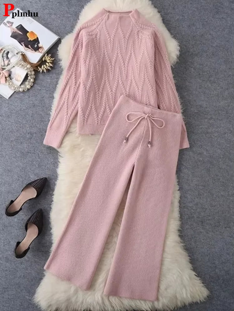 Fall Winter Knitted 2 Piece Sets Half Turtleneck Soft Sweater Outfit Casual Wide Leg Pant Suits Korean Solid Warm Tracksuit New