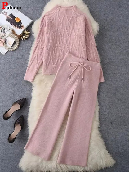 Fall Winter Knitted 2 Piece Sets Half Turtleneck Soft Sweater Outfit Casual Wide Leg Pant Suits Korean Solid Warm Tracksuit New