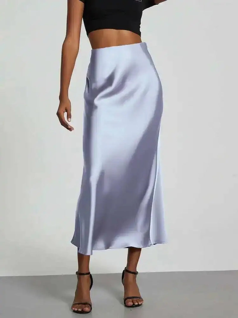 28 Colors New 2026 Women'S Elegant High Waist Satin Long Skirts Female Summer Solid Color Faldas Fashion Women Skirts KBA3