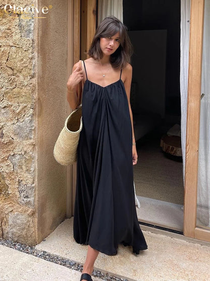 Summer Loose Black Women'S Dress 2023 Fashion Strap Sleeveless Ankle-Length Dresses Elegant Backless Female Sundress