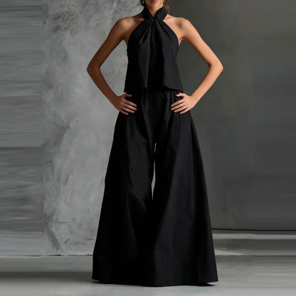 Sexy Halter Tops & Wide Leg Pant Women Suit Fashion Sleeveless Solid Color 2 Piece Sets 2026 Spring Summer Casual Loose Outfits