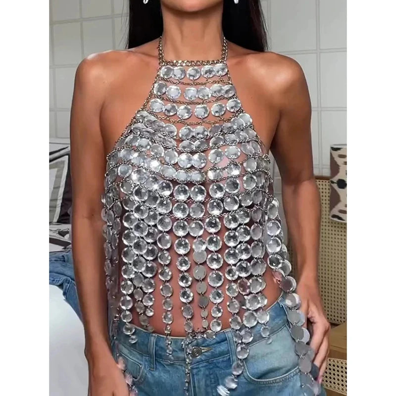 Summer Bikini Cover-Ups for Women Metal Chain Halter Neck Rhinestones Body Chain Y2K Backless Tassel Hem Hollow Vest