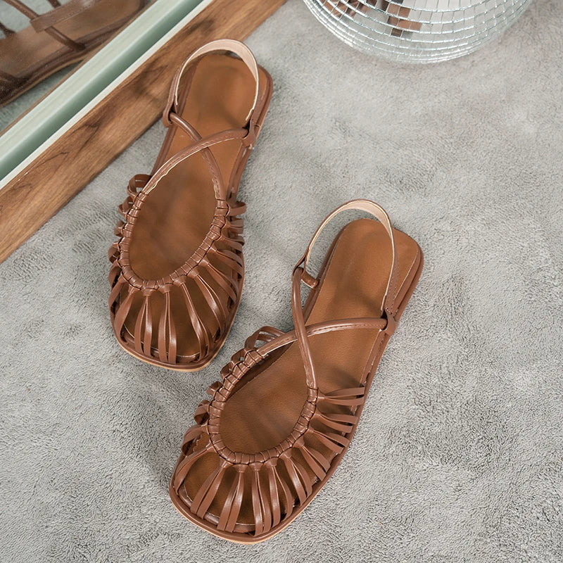 New Summer Gladiator Weave Sandals for Women Elegant Dress Shoes Beach Vacation Ladies Flats Sandalias