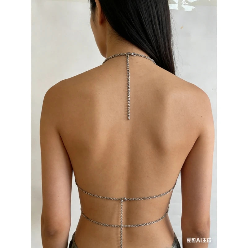 Summer Bikini Cover-Ups for Women Metal Chain Halter Neck Rhinestones Body Chain Y2K Backless Tassel Hem Hollow Vest