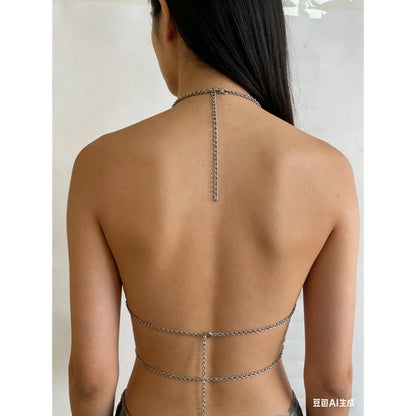 Summer Bikini Cover-Ups for Women Metal Chain Halter Neck Rhinestones Body Chain Y2K Backless Tassel Hem Hollow Vest