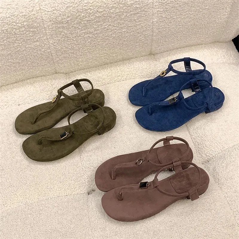 Aneikeh Summer Women'S Blue Suede T-Strap Flip Flops Metal Decor Flat Sandals Ankle Strap Casual Slingback Slippers Beach Shoes