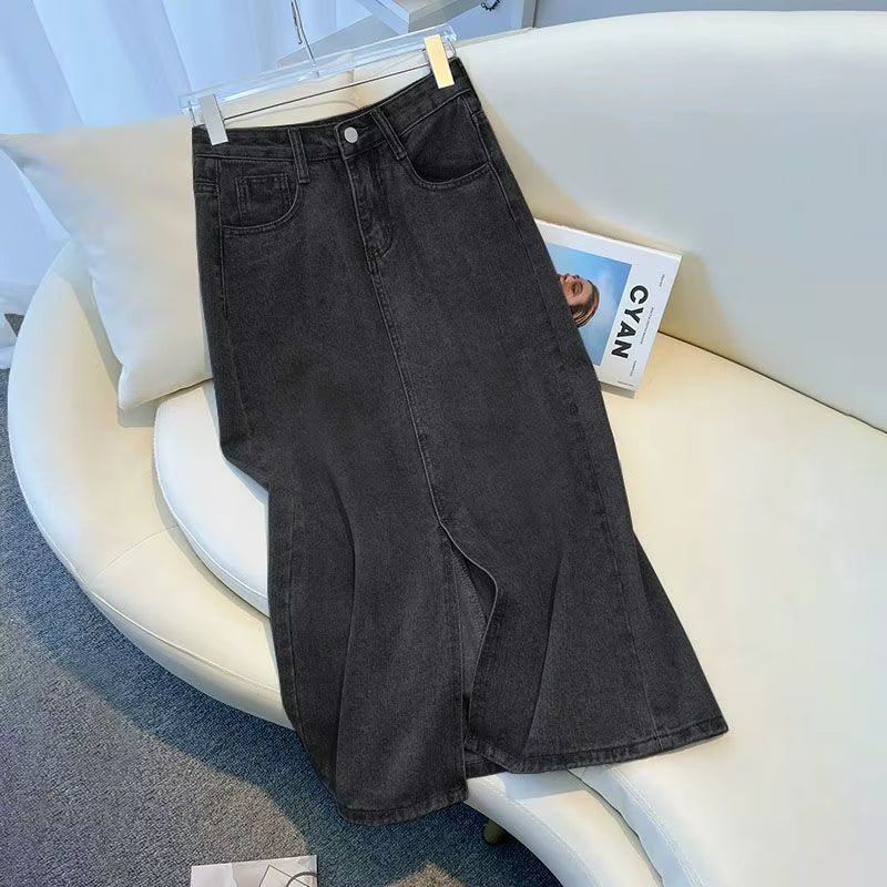 Light Blue Denim A-Line Skirt High Waist Slimming Split Summer 2023 Women'S Faion Long Skirt Casual Sli Trendy