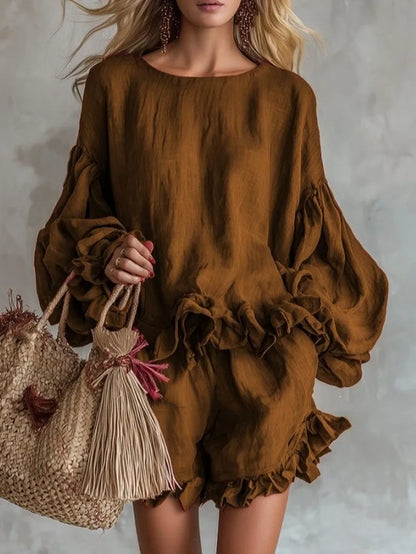 2 Pieces Set Sexy 2026 Summer Autumn Fashion Women Set Female Tops Brown Long Sleeve Tops and Shorts Suit Matching Outfit