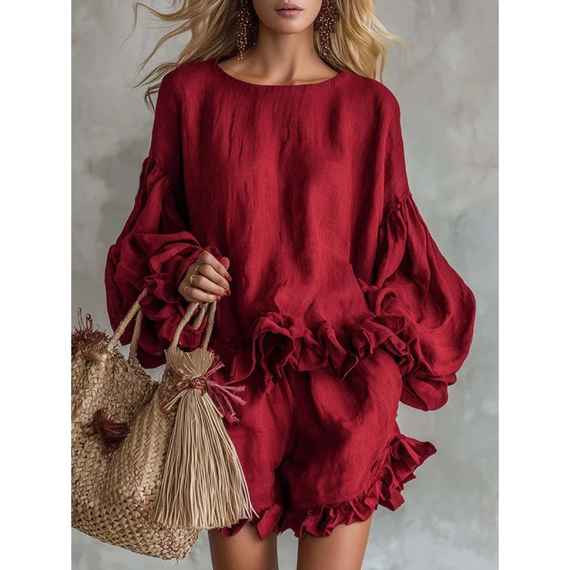2 Pieces Set Sexy 2026 Summer Autumn Fashion Women Set Female Tops Brown Long Sleeve Tops and Shorts Suit Matching Outfit