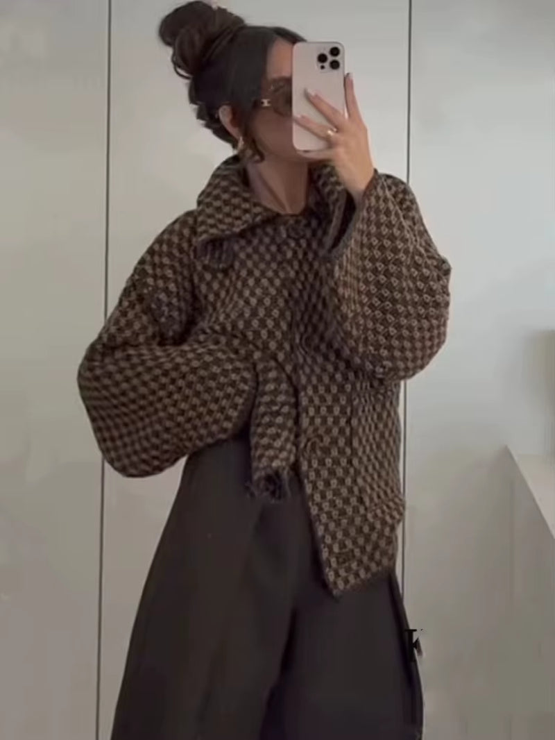 2025 New Autumn Brown Long Sleeve Knitted Cardigans Women Elegant Lapel Single Breasted Loose Sweater Coat Knitwear Korean Style