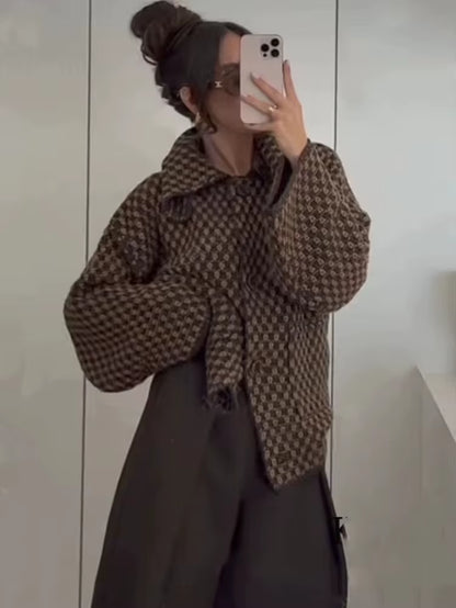 2025 New Autumn Brown Long Sleeve Knitted Cardigans Women Elegant Lapel Single Breasted Loose Sweater Coat Knitwear Korean Style