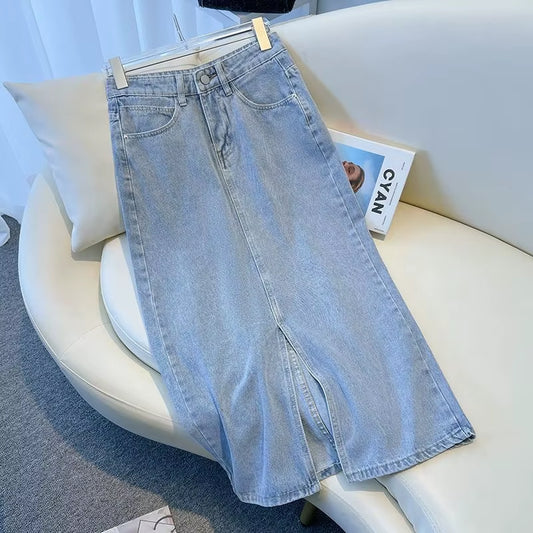 Light Blue Denim A-Line Skirt High Waist Slimming Split Summer 2023 Women'S Faion Long Skirt Casual Sli Trendy