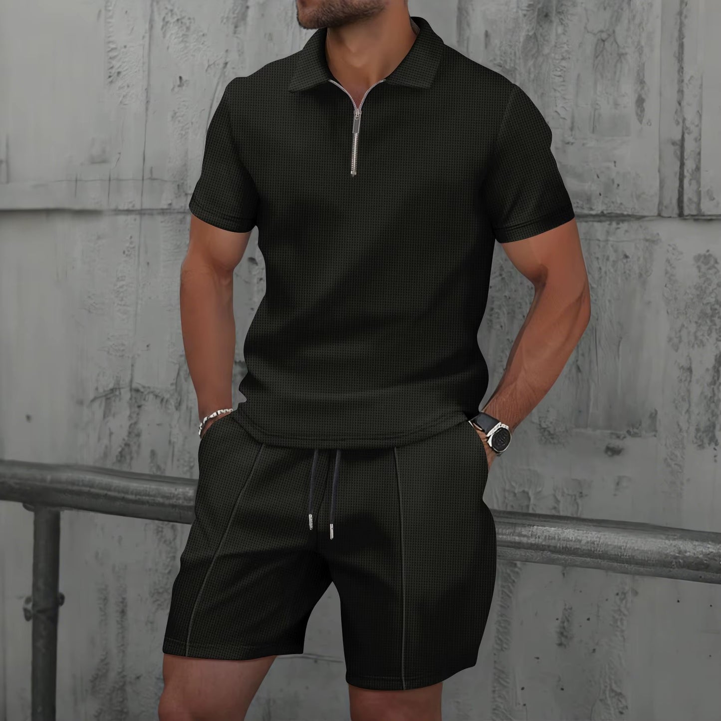 2025 Men Europe and the United States New Summer Waffle Solid Color Zip-Up Lapel Short-Sleeve Suit Shorts Two Sets