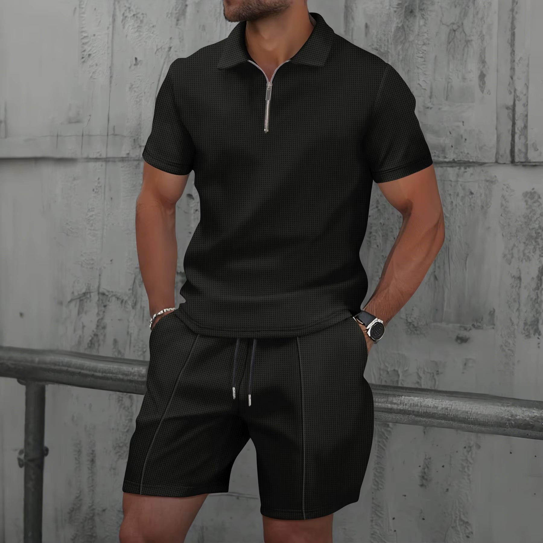 2025 Men Europe and the United States New Summer Waffle Solid Color Zip-Up Lapel Short-Sleeve Suit Shorts Two Sets