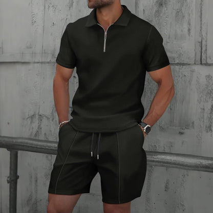 2025 Men Europe and the United States New Summer Waffle Solid Color Zip-Up Lapel Short-Sleeve Suit Shorts Two Sets