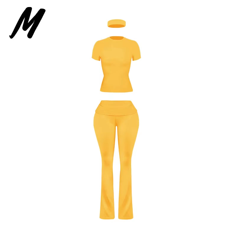 Women'S Custom Logo Short Sleeve T-Shirt Flared Hem Pants Two-Piece Set Regular Fit Sports Casual Spring/Summer Spandex/Cotton