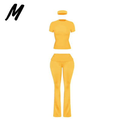 Women'S Custom Logo Short Sleeve T-Shirt Flared Hem Pants Two-Piece Set Regular Fit Sports Casual Spring/Summer Spandex/Cotton