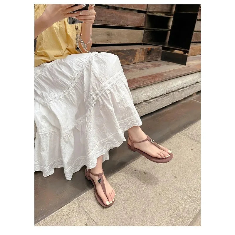 Aneikeh Summer Women'S Blue Suede T-Strap Flip Flops Metal Decor Flat Sandals Ankle Strap Casual Slingback Slippers Beach Shoes