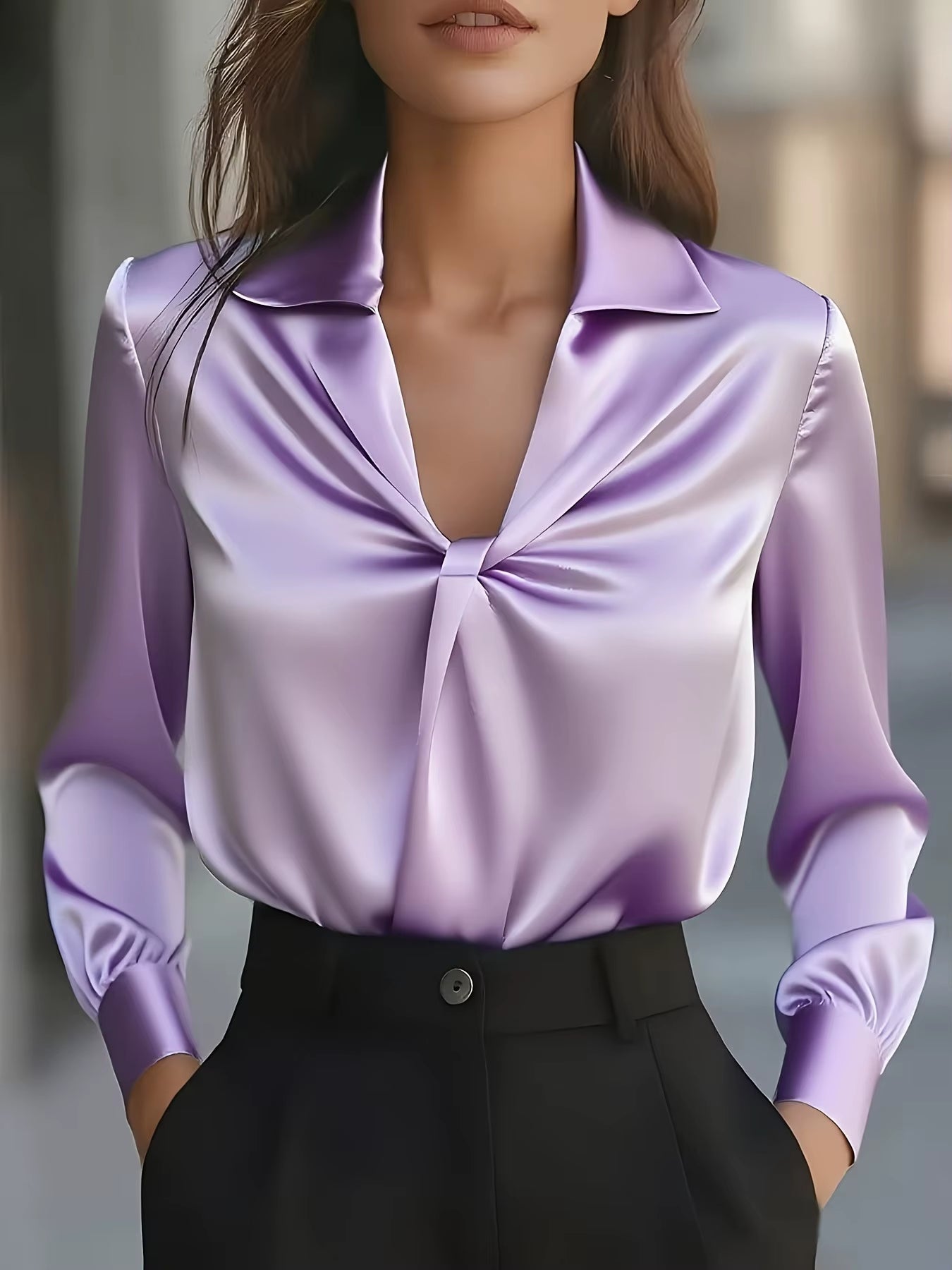 Autumn Fashion Temperament Solid Colour Satin Pleated Long-Sleeved Shirt for Women