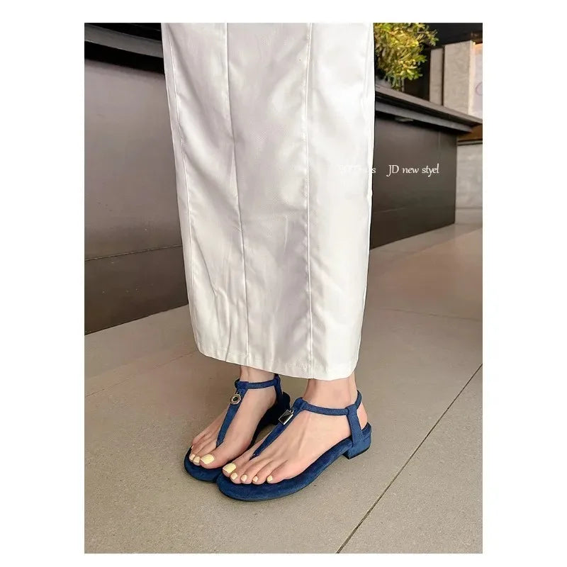 Aneikeh Summer Women'S Blue Suede T-Strap Flip Flops Metal Decor Flat Sandals Ankle Strap Casual Slingback Slippers Beach Shoes