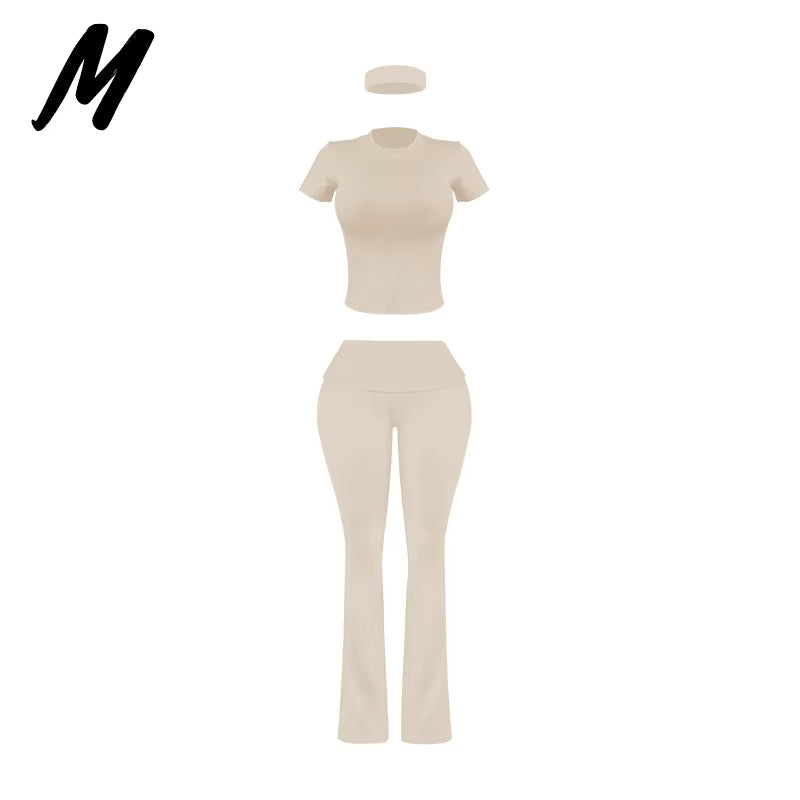 Women'S Custom Logo Short Sleeve T-Shirt Flared Hem Pants Two-Piece Set Regular Fit Sports Casual Spring/Summer Spandex/Cotton