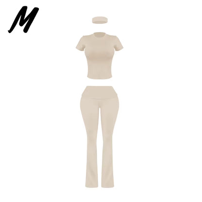 Women'S Custom Logo Short Sleeve T-Shirt Flared Hem Pants Two-Piece Set Regular Fit Sports Casual Spring/Summer Spandex/Cotton