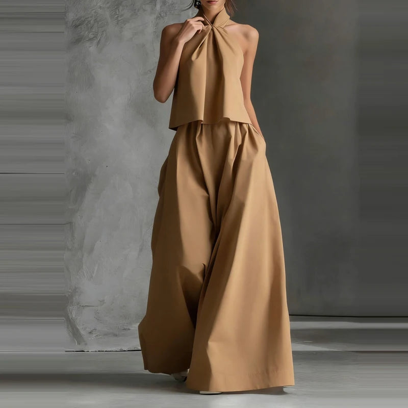 Sexy Halter Tops & Wide Leg Pant Women Suit Fashion Sleeveless Solid Color 2 Piece Sets 2026 Spring Summer Casual Loose Outfits