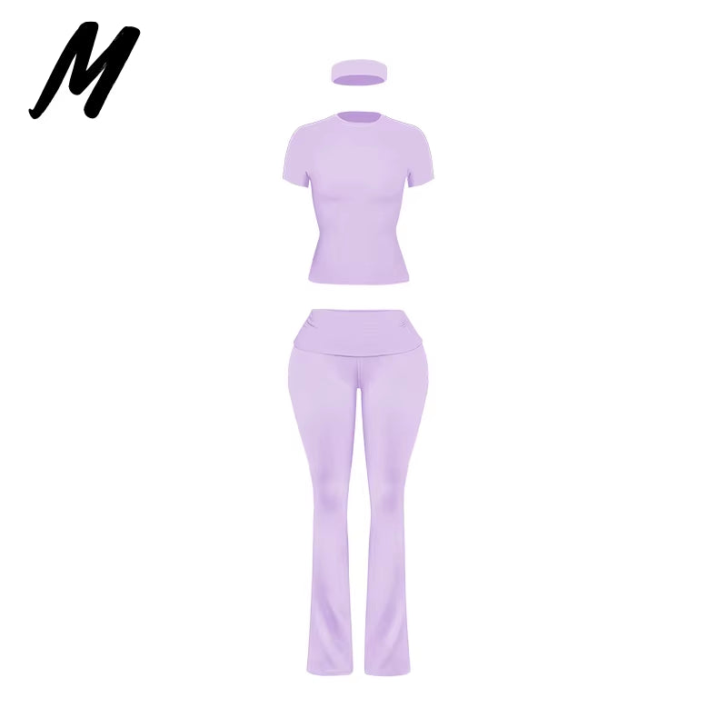 Women'S Custom Logo Short Sleeve T-Shirt Flared Hem Pants Two-Piece Set Regular Fit Sports Casual Spring/Summer Spandex/Cotton