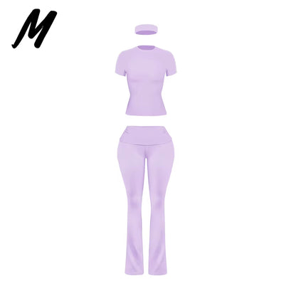Women'S Custom Logo Short Sleeve T-Shirt Flared Hem Pants Two-Piece Set Regular Fit Sports Casual Spring/Summer Spandex/Cotton